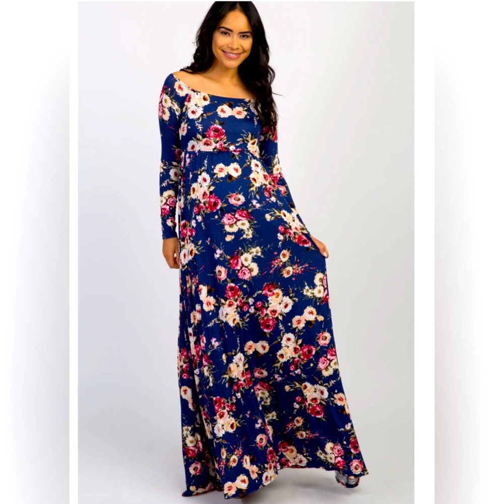 Navy Floral Off Shoulder Long Sleeve Maternity Dress